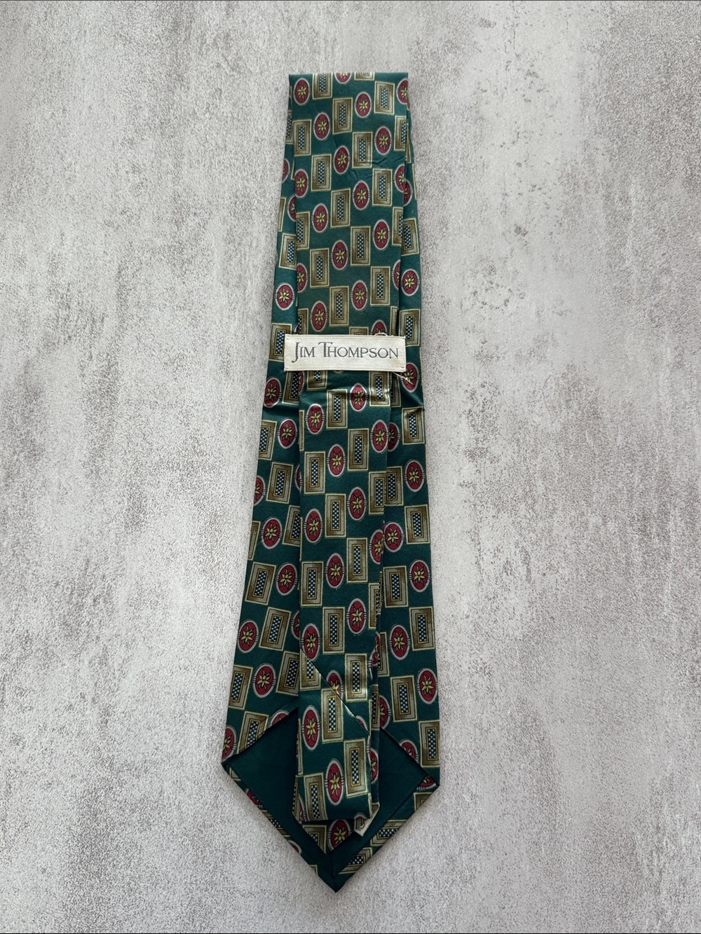 Jim Thompson Green Patterned Silk Tie with Maroon and Gold Accents